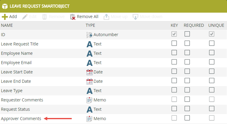 The Leave Request SmartObject with Approver Comments