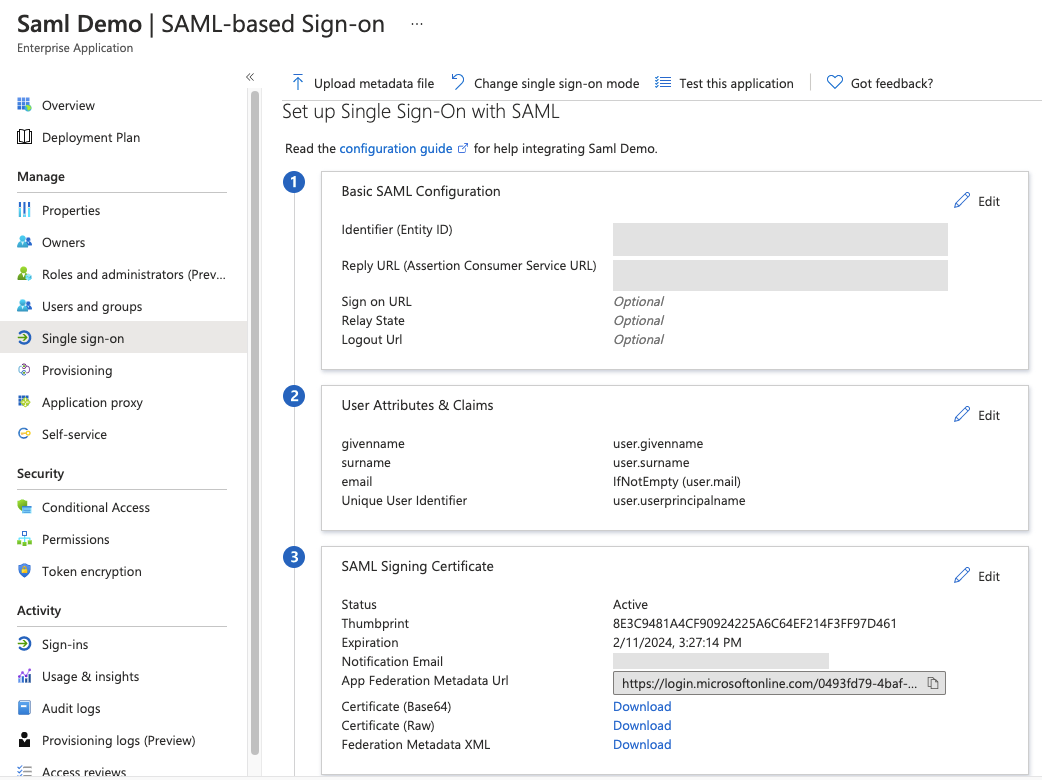 Set up Single Sign-on with SAML page