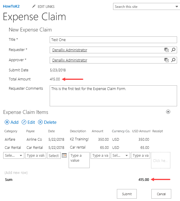 Test Expense Claim Form