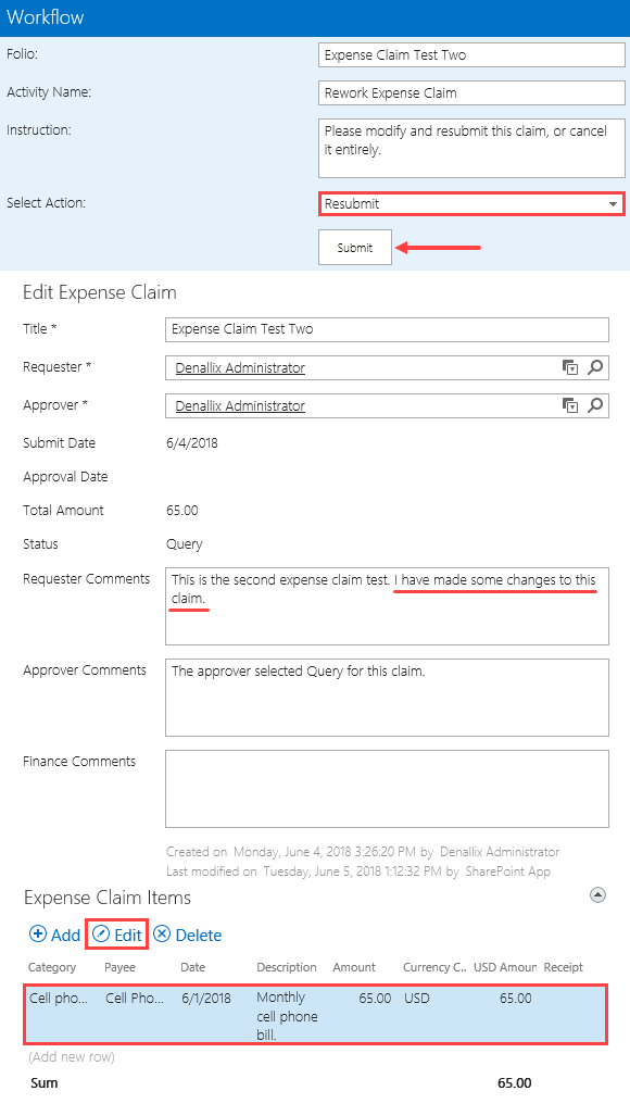 Resubmit Expense Claim