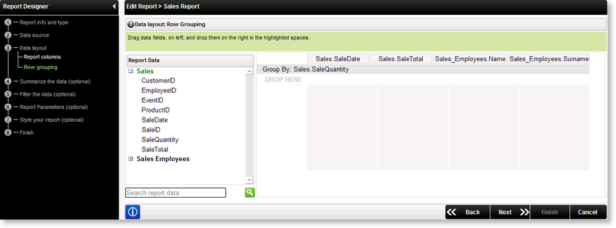 Create Report Wizard - Data layout:Row grouping