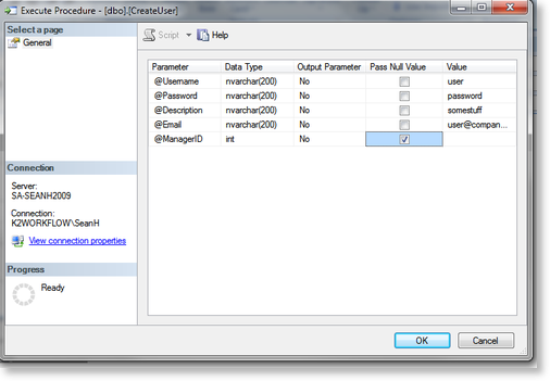 Enter Values for stored procedure