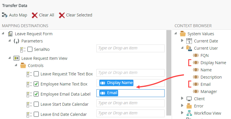 Configuring the Transfer Data Mapping Destinations