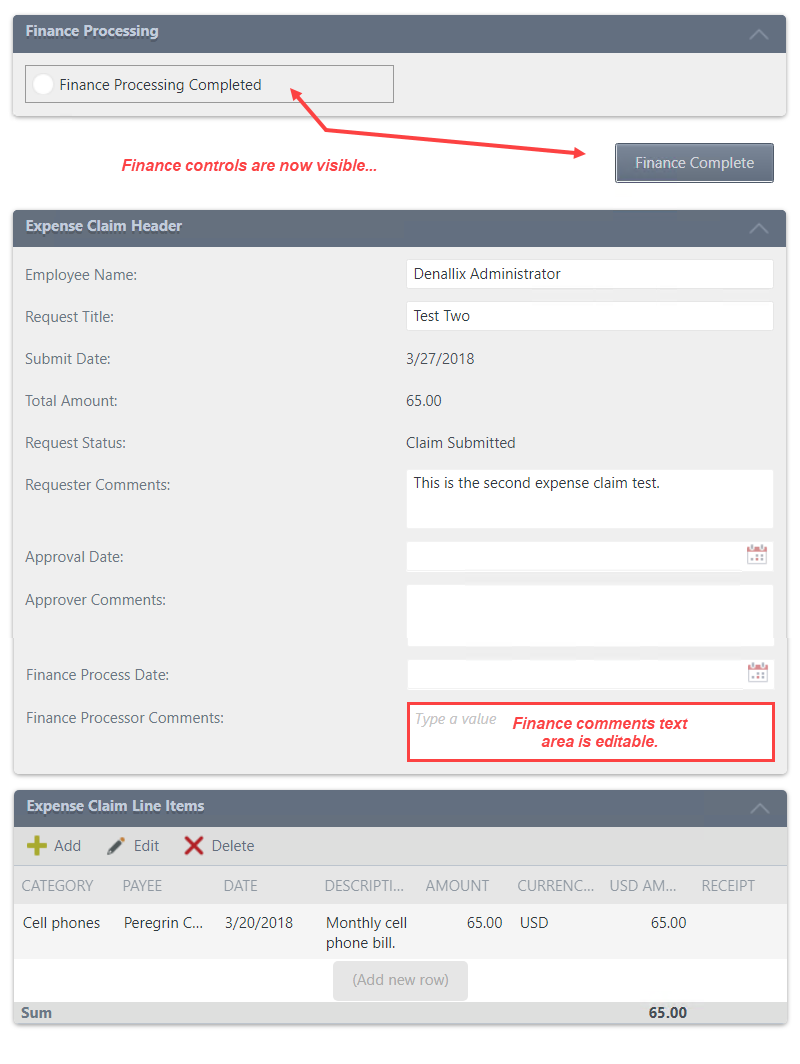 Finance Processing Form