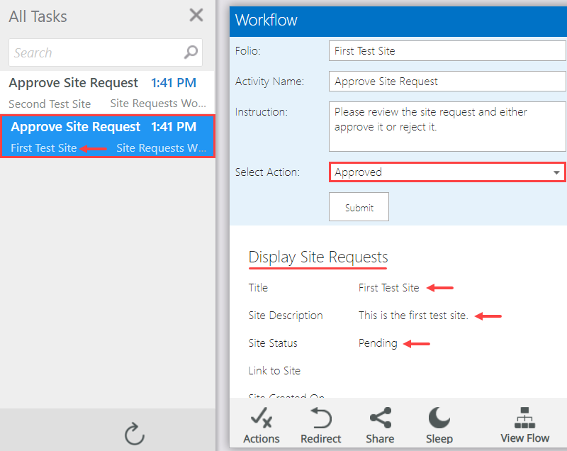 Action Approve Site Request Task