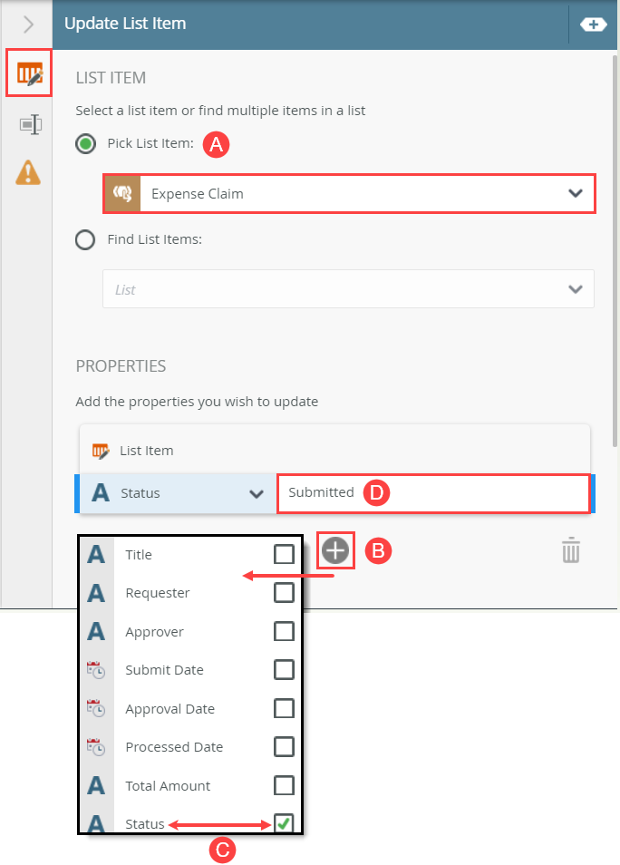 Configuring the Update List Item Properties