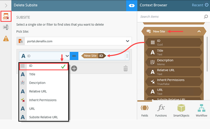 Set Filter for Delete Site Step