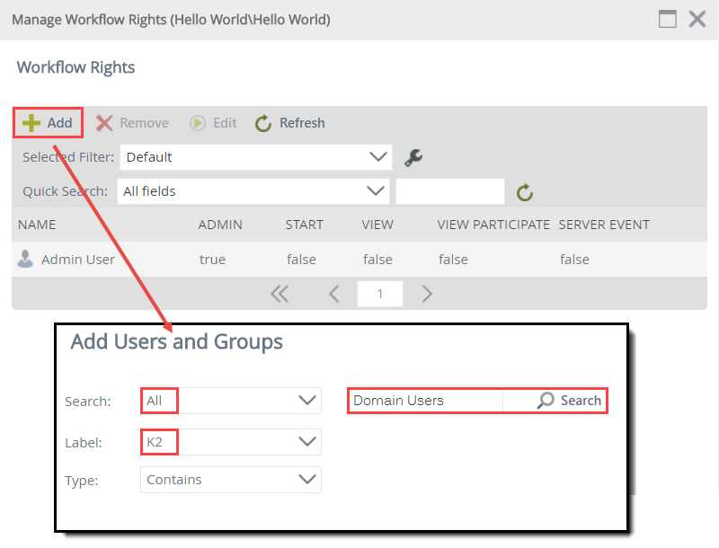 Searching for a User or Group to Assign Workflow Rights