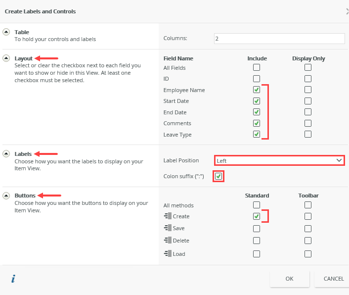 Create Labels and Controls Settings