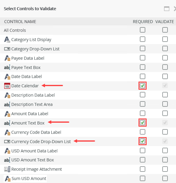 Select Controls to Validate