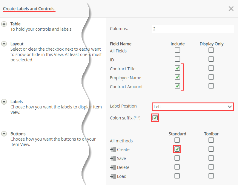 Include Fields and Create Button