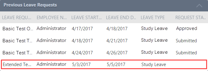 Previous Leave Requests List View wtih new Request