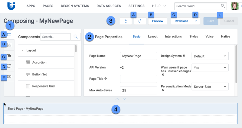 The Page Designer as a whole is made up of these four separate pieces. The Properties pane, Elements pane, and global page actions all reside at the top of the screen, while the canvas resides at the bottom of the page.