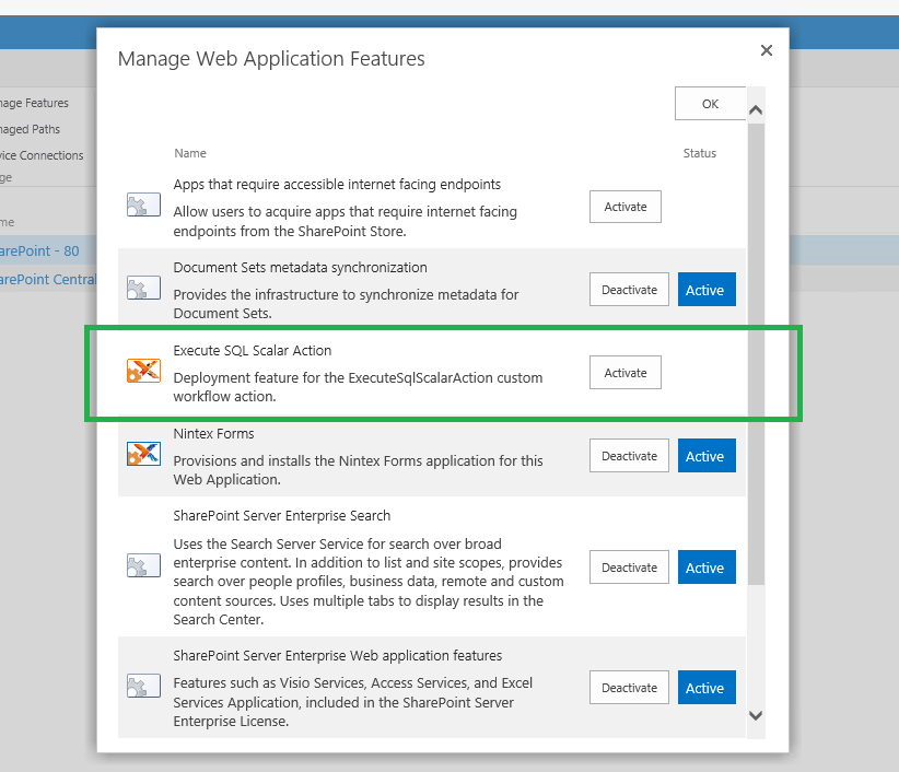 Execute SQL Scalar Action displayed in Manage Web Application Features dialog