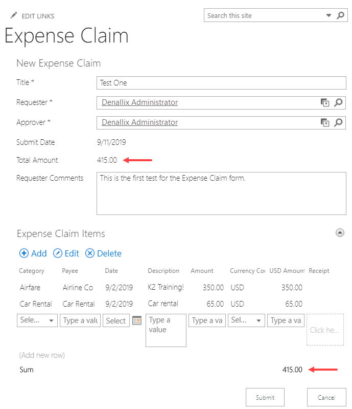 Test Expense Claim Form