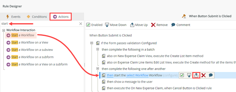 Moving Actions in the Rule Definition Pane