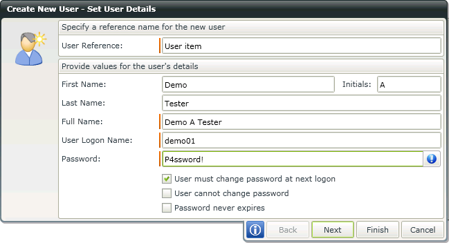 Create New User Details Screen