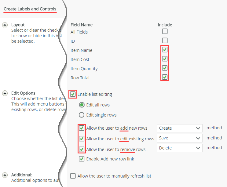 Create Label and Controls Settings