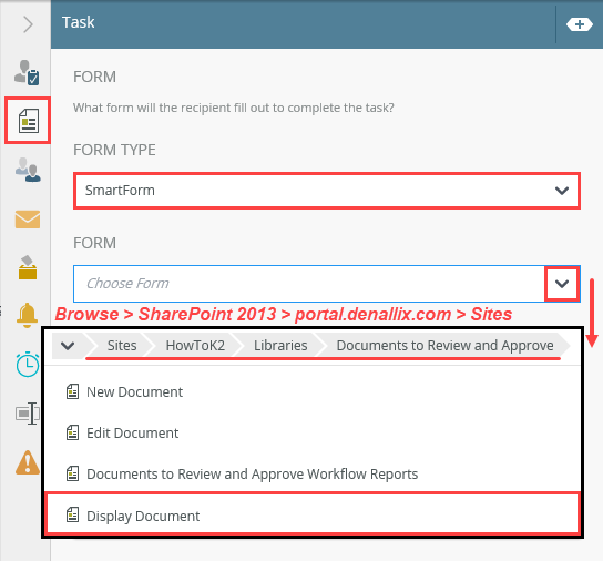 Selecting a Task SmartForm